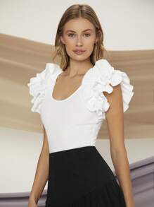 Firerie Ruffle Trim Scoop Neck Tee - White - View 6