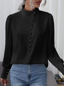 SHEIN Clasi Stand Neck Lantern Sleeve Blouse - Black - View 1
