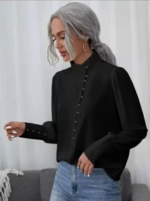 SHEIN Clasi Stand Neck Lantern Sleeve Blouse - Black - View 4