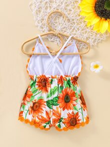 Baby Girl Floral Patched Sunflower Print Cami Romper