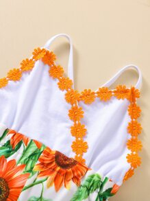 Baby Girl Floral Patched Sunflower Print Cami Romper