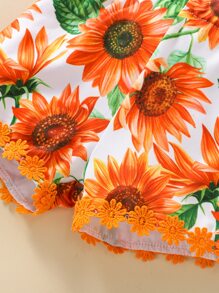 Baby Girl Floral Patched Sunflower Print Cami Romper