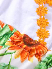 Baby Girl Floral Patched Sunflower Print Cami Romper