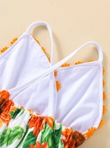 Baby Girl Floral Patched Sunflower Print Cami Romper