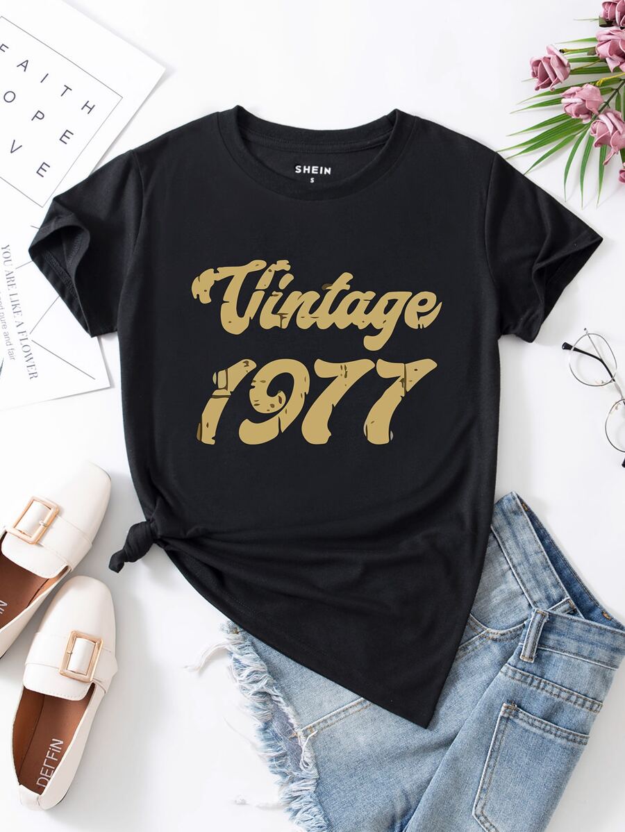 INAWLY Áo thun nữ Lá thư Giải trí - màu đen - Xem 1