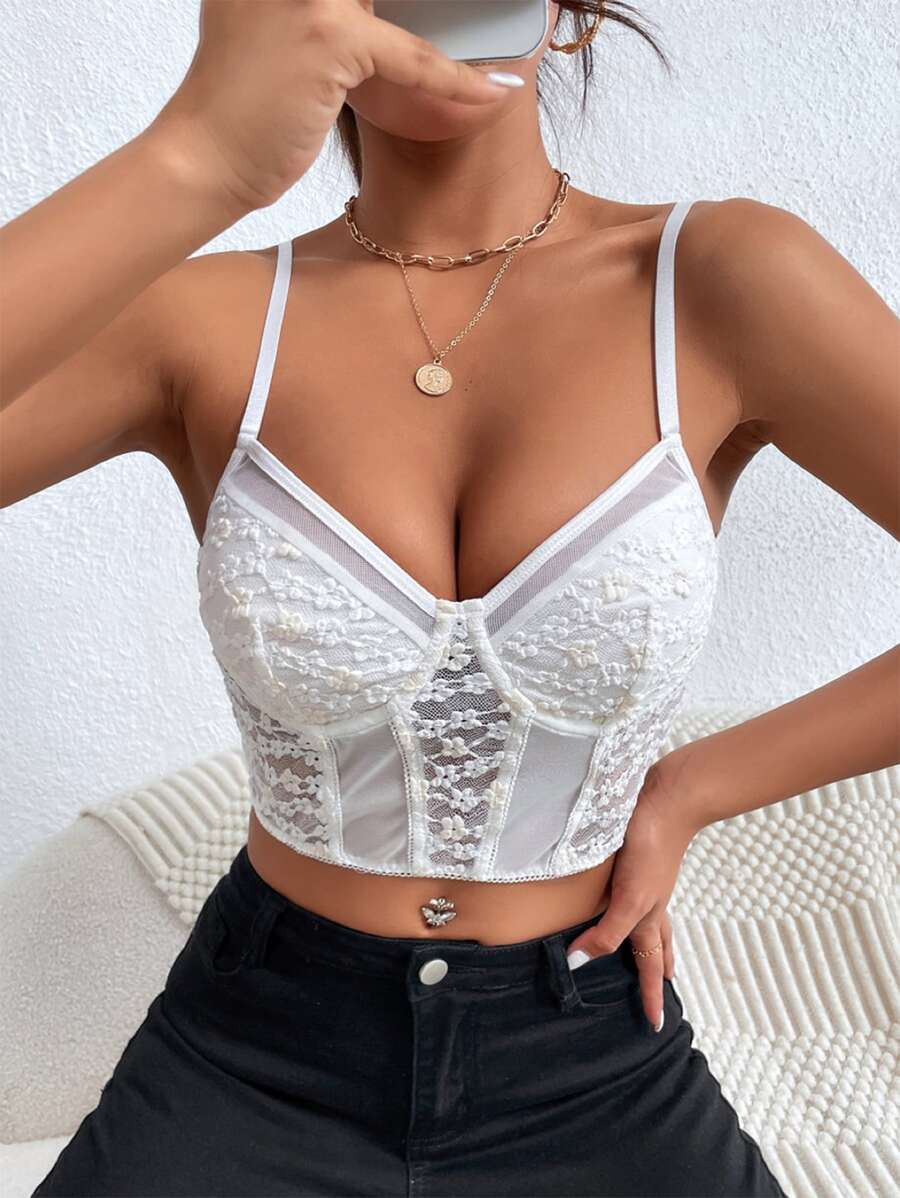 緊身上衣短款蕾絲吊帶上衣 - 白色 - 查看 1