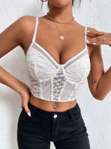 緊身上衣短款蕾絲吊帶上衣 - 白色 - 查看 6