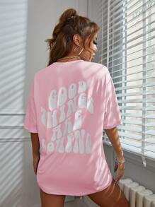 SHEIN Unity 标语图案落肩 T 恤 好事将近 - 淺粉色 - 查看 2