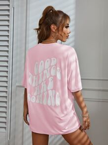 SHEIN Unity 标语图案落肩 T 恤 好事将近 - 淺粉色 - 查看 4