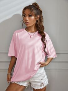 SHEIN Unity 标语图案落肩 T 恤 好事将近 - 淺粉色 - 查看 5