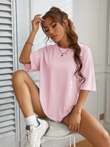 SHEIN Unity 标语图案落肩 T 恤 好事将近 - 淺粉色 - 查看 6