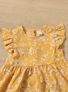 SHEIN 嬰兒碎花蝴蝶袖連衣裙 - 黃色 - 查看 3