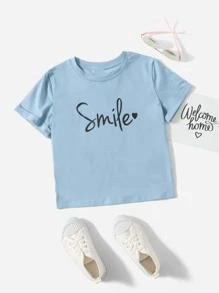 SHEIN Girls Letter and Heart Print Rolled Cuff Tee - Baby Blue - View 1
