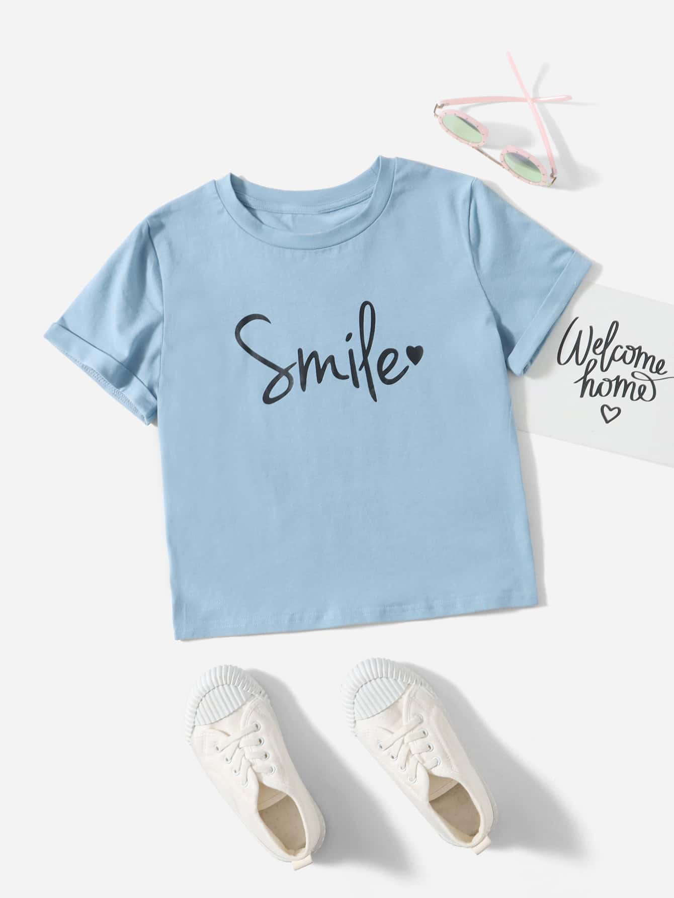 SHEIN Girls Letter and Heart Print Rolled Cuff Tee - Baby Blue - View 1