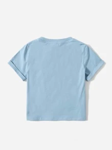 SHEIN Girls Letter and Heart Print Rolled Cuff Tee - Baby Blue - View 2