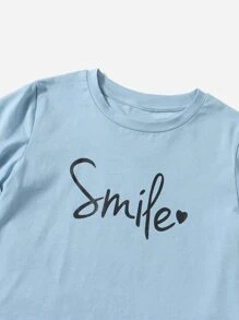 SHEIN Girls Letter and Heart Print Rolled Cuff Tee - Baby Blue - View 3