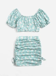 SHEIN Bộ hai mảnh Gái Thắt nút Xù Hoa Ăn mặc đẹp - Nhiều màu - Xem 2