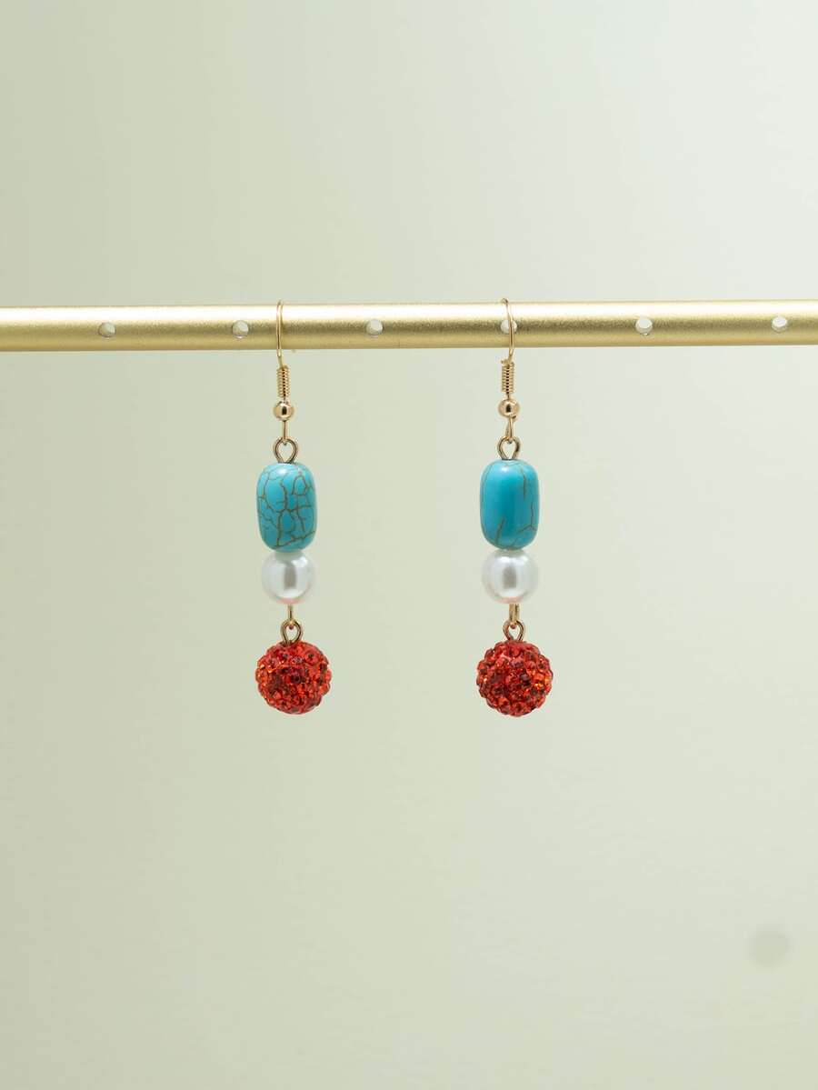 Bông tai thả bóng bằng ngọc trai giả & rhinestone - Nhiều màu - Xem 1