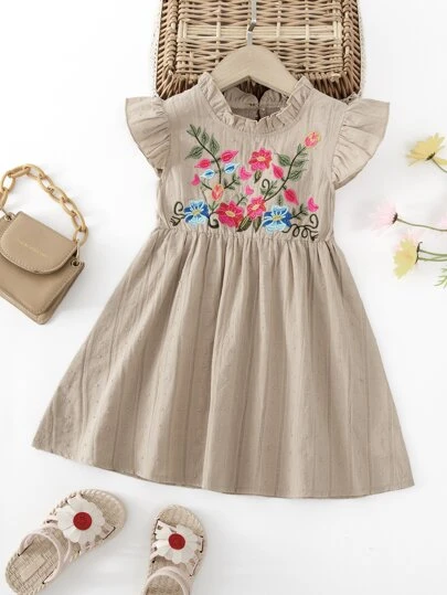 SHEIN Toddler Girls Floral Embroidery Swiss Dot Ruffle Trim Dress