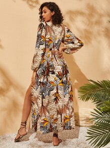 SHEIN VCAY Vestido con estampado de árbol de coco con abertura de manga farol de muslo con abertura - Multicolor - Ver 2