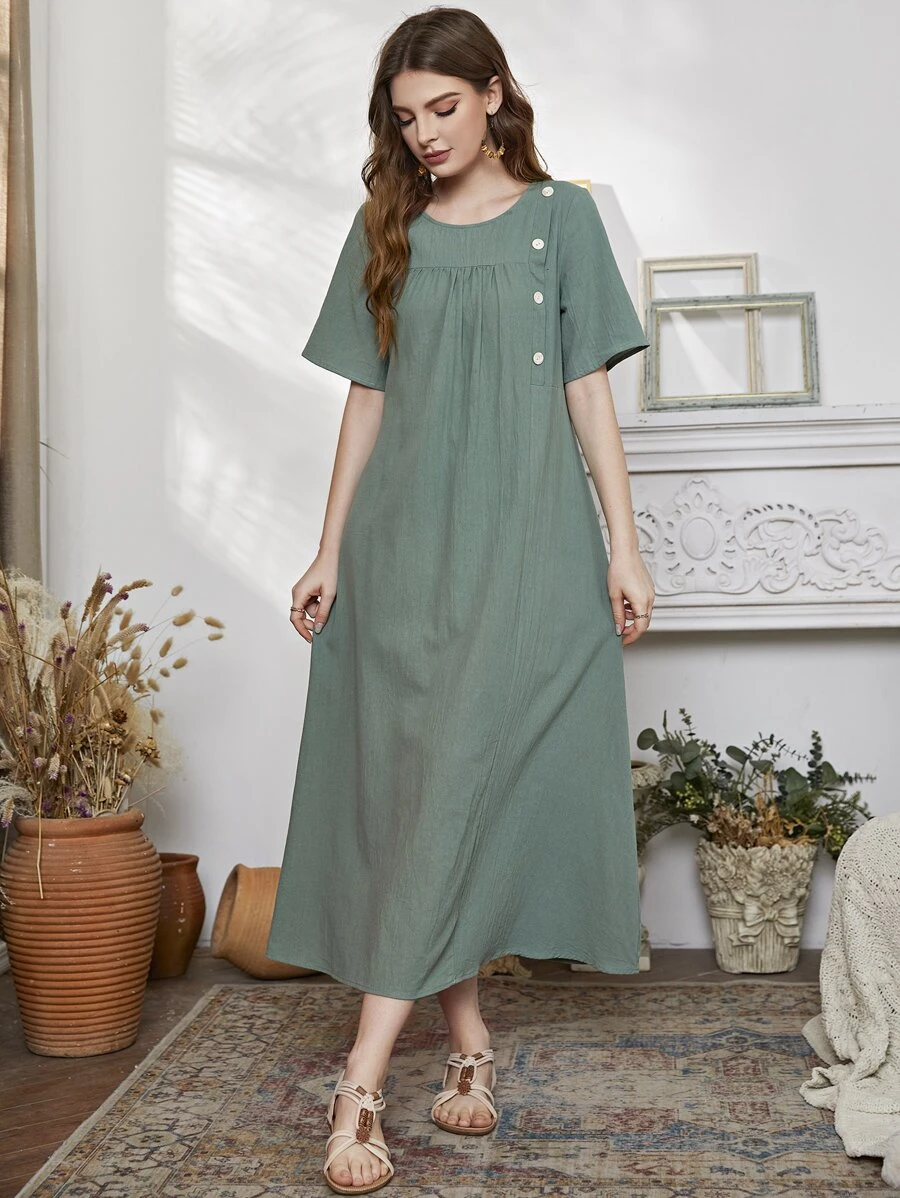 Mulvari Đầm Nút màu trơn Giải trí - màu xanh lá - Xem 1