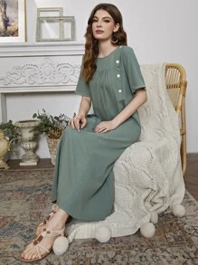 Mulvari Đầm Nút màu trơn Giải trí - màu xanh lá - Xem 6