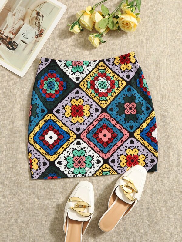 SHEIN VCAY Floral & Scarf Print Skirt