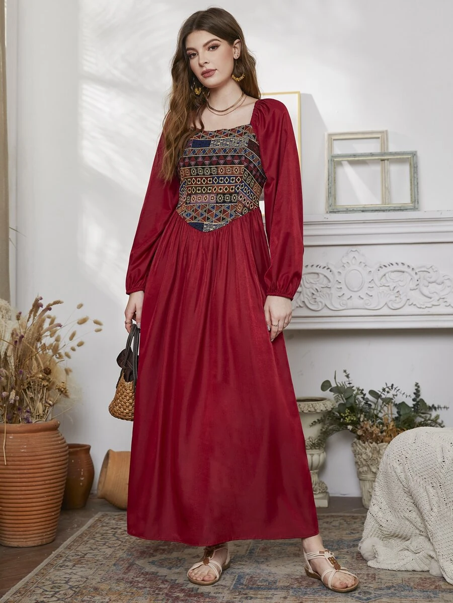 Modelyn Robe à broderie manches bouffantes à col carré - Rouge - Voir 1