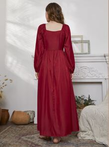 Modelyn Robe à broderie manches bouffantes à col carré - Rouge - Voir 2