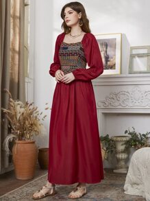 Modelyn Robe à broderie manches bouffantes à col carré - Rouge - Voir 3