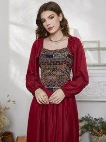 Modelyn Robe à broderie manches bouffantes à col carré - Rouge - Voir 6