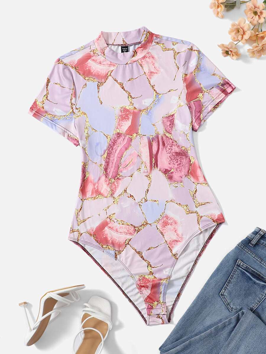 SHEIN Privé Áo liền quần chặt Kích thước lớn Đá hoa Giải trí - Nhiều màu - Xem 1