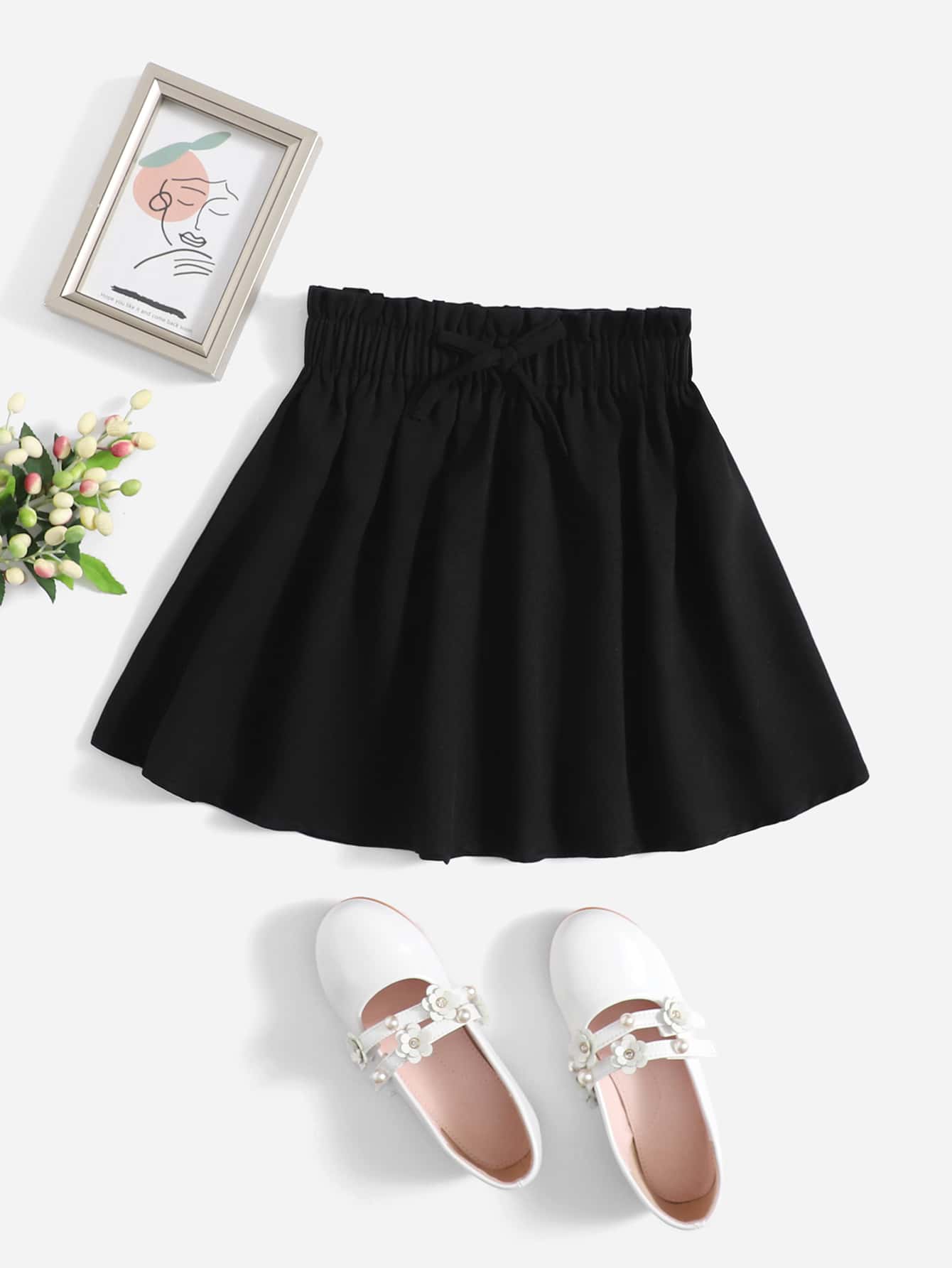 SHEIN Tween Girl Paperbag Waist Bow Front Skirt - Black - View 1