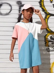 SHEIN Girls Colourblock Drop Shoulder Tee Dress - Multicolor - View 1