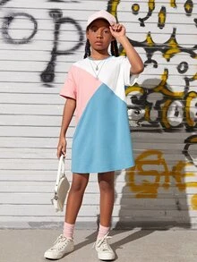 SHEIN Girls Colourblock Drop Shoulder Tee Dress - Multicolor - View 4