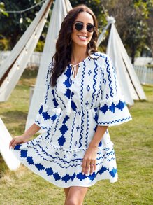 SHEIN VCAY Geo Print Pompom Trim Tie Neck Trumpet Sleeve Ruffle Hem Dress - Blue and White - View 1