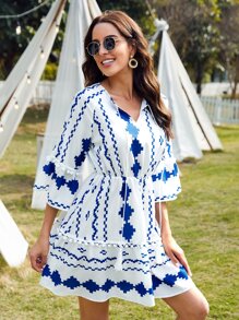 SHEIN VCAY Geo Print Pompom Trim Tie Neck Trumpet Sleeve Ruffle Hem Dress - Blue and White - View 4