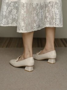 Women's High Heel Work Shoes Square Toe Slip-On Metal Buckle Leather Pumps, Apricot Color Chunky Heeled Shoes - Apricot - View 2