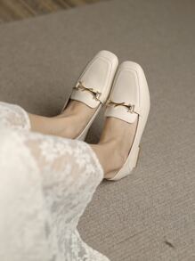 Women's High Heel Work Shoes Square Toe Slip-On Metal Buckle Leather Pumps, Apricot Color Chunky Heeled Shoes - Apricot - View 5