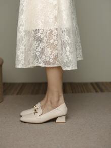 Women's High Heel Work Shoes Square Toe Slip-On Metal Buckle Leather Pumps, Apricot Color Chunky Heeled Shoes - Apricot - View 6