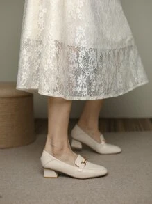 Women's High Heel Work Shoes Square Toe Slip-On Metal Buckle Leather Pumps, Apricot Color Chunky Heeled Shoes - Apricot - View 7