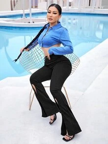 SHEIN SXY Quần jean nữ Nút Cắt ra Túi Chia Dây kéo Denim mùa giặt màu trơn - màu đen - Xem 5