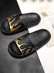 Men Fire Pattern Bathroom Slippers - Black - View 1