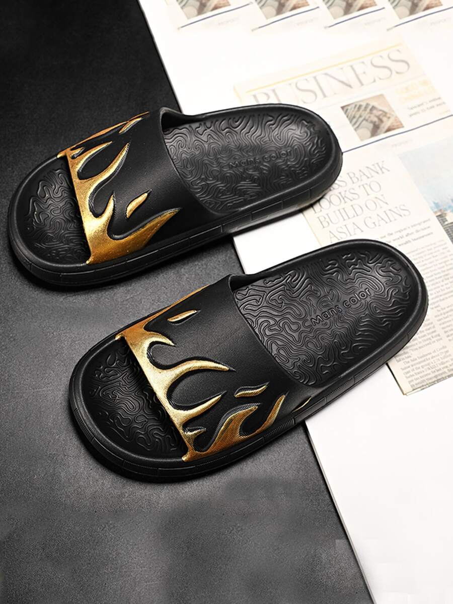 Men Fire Pattern Bathroom Slippers - Black - View 1