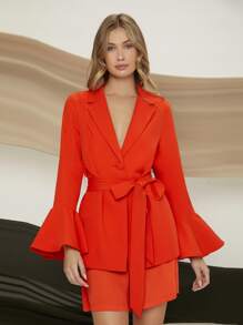 SHEIN 喇叭袖單排釦腰帶西裝外套 - 紅色 - 查看 1