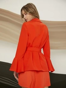 SHEIN 喇叭袖單排釦腰帶西裝外套 - 紅色 - 查看 2