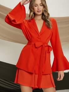 SHEIN 喇叭袖單排釦腰帶西裝外套 - 紅色 - 查看 4