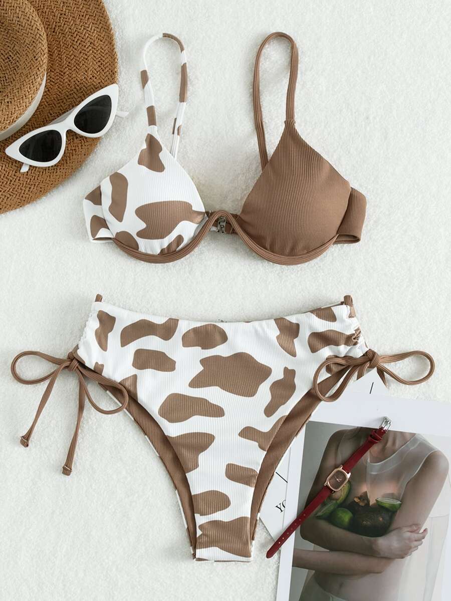 Cow Print Underwire Bikini, For Summer Beach Vacation - Multicolor - View 1