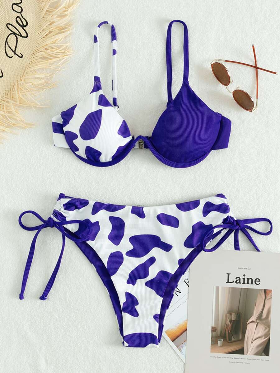 Cow Pattern Rib Drawstring Underwire Bikini Set, For Summer Beach Vacation - Blue and White - View 1