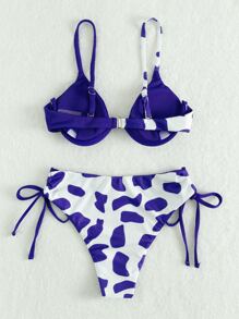 Cow Pattern Rib Drawstring Underwire Bikini Set, For Summer Beach Vacation - Blue and White - View 2